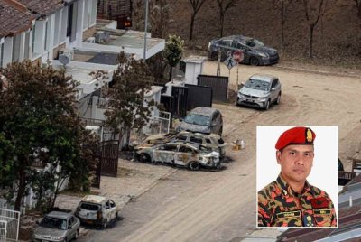 Beberapa kenderaan yang diletakkan di kawasan perumahan hangus sepenuhnya susulan insiden kebakaran melibatkan saluran paip gas di Jalan Putra Harmoni, Putra Heights. Gambar kecil: Nor Hisyam