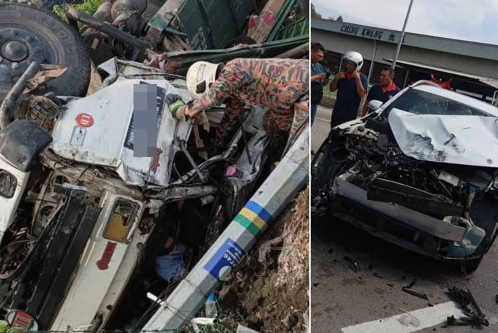 Anggota bomba mengeluarkan mangsa yang tersepit dalam lori.