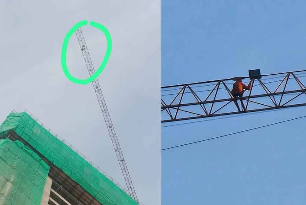 Lelaki terbabit berada di hujung menara kren di kedudukan atas bangunan