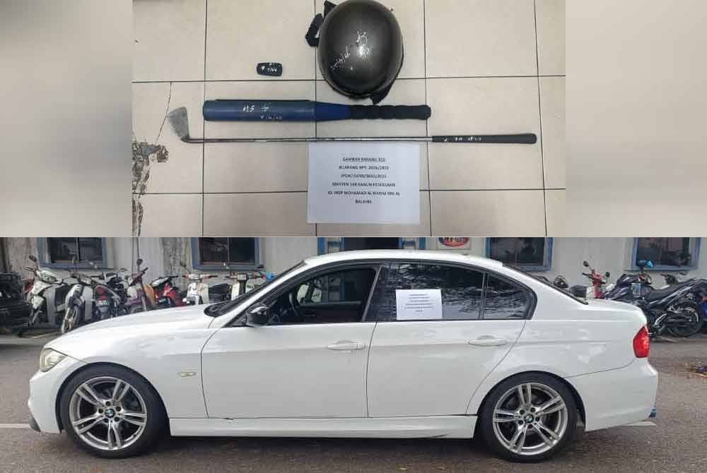 Kayu besbol dan kayi golf turut dirampas daripada suspek. Sebuah kereta jenis BMW Model E90 3 Series berwarna putih turut dirampas. Foto: ihsan polis