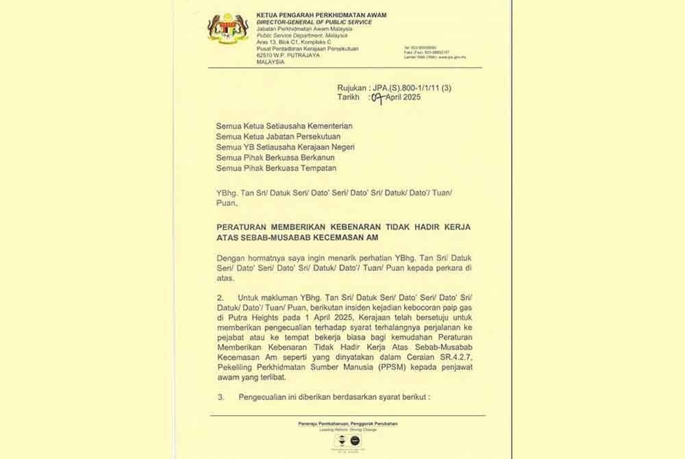 Surat pekeliling bertarikh 7 April, yang dikongsikan menerusi Facebook Jabatan Perkhidmatan Awam (JPA), pada Isnin.