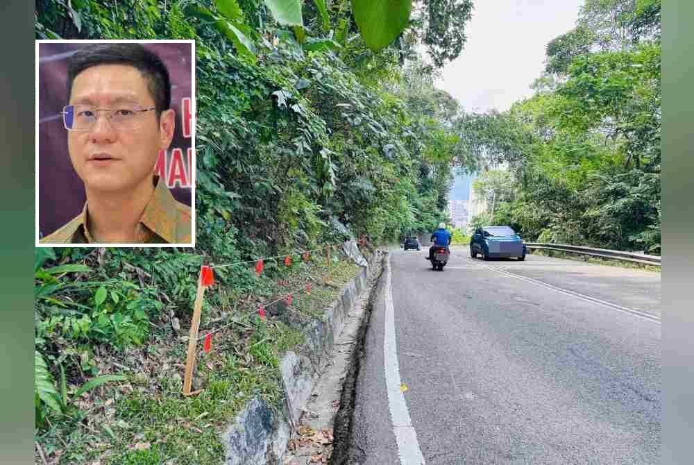 Pemasangan 'robe light' dibuat di kawasan sekitar lokasi kejadian dan yang berisiko berlaku bongkah batu menggelongsor di Jalan Paya Terubong. Gambar kecil: Zairil