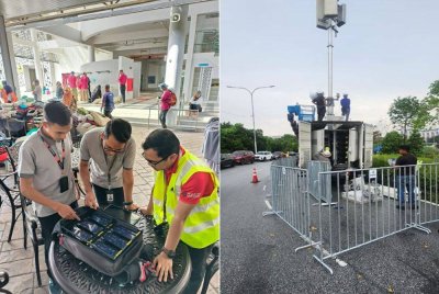 SKMM menjalankan ujian kualiti di PPS bagi memastikan perkhidmatan telekomunikasi berada pada tahap yang baik. Gambar kanan: Struktur sementara yang dipasang di luar PPS Masjid Putra Heights bagi meningkatkan kualiti liputan.