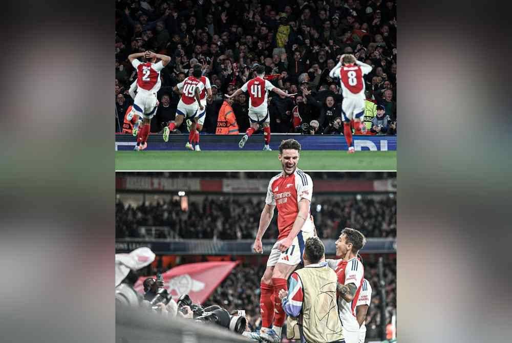 Gol kedua Rice hadir dengan gaya berbeza apabila dia melengkung bola cantik ke penjuru atas gawang, meletakkan Arsenal selesa di hadapan. - Foto Agensi