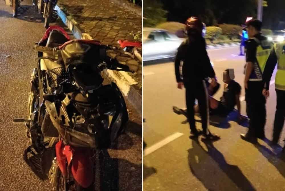 Keadaan penunggang dan motosikal selepas lelaki itu merempuh SJR di Jalan Sultan Mohamad, di Kuala Terengganu pada malam Selasa.