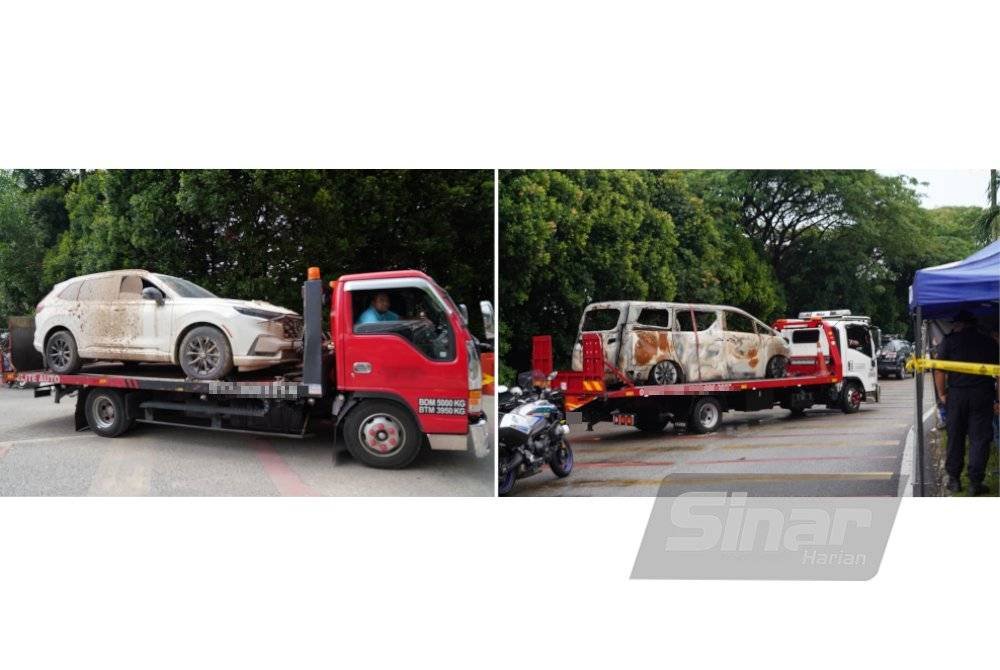 Antara kenderaan milik mangsa di Taman Putra Harmoni, Subang Jaya yang terjejas dibawa keluar menggunakan trak penunda pada Rabu. Foto SINAR HARIAN-ROSLI TALIB