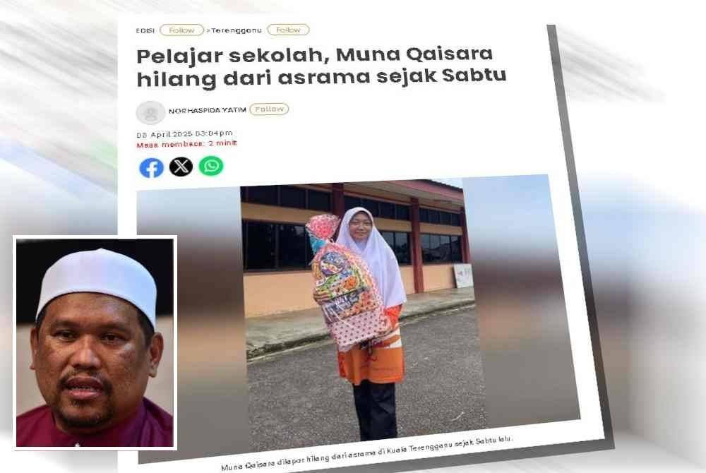 Laporan Sinar Hairan berkaitan kehilangan Muna Qaisara. Gambar kecil: Satiful Bahri