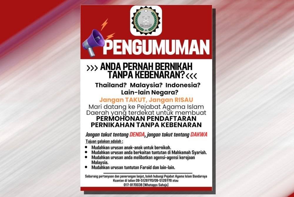 Pengumuman tentang permohonan pendaftaran pernikahan tanpa kebenaran Pejabat Agama Islam Bandaraya Kuantan.