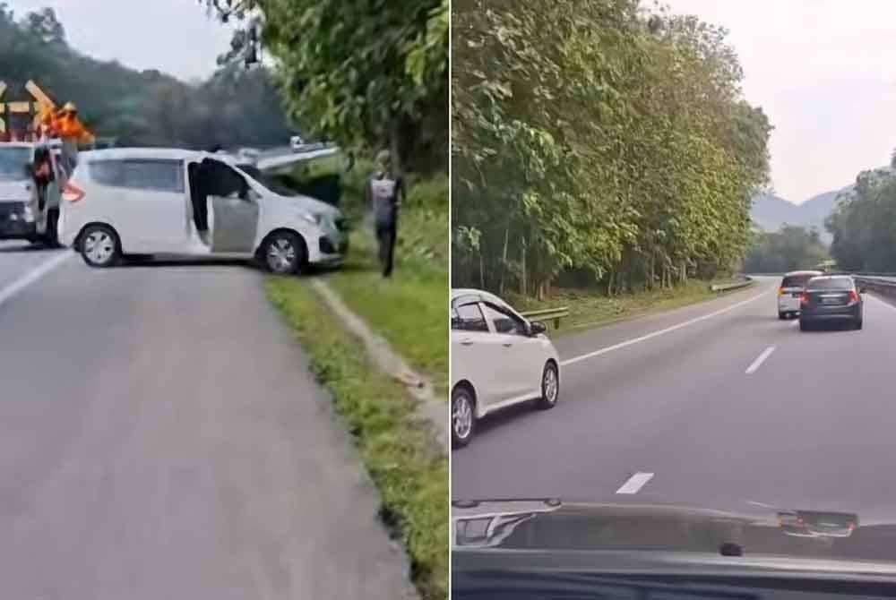 Tangkap layar video menunjukkan tindakan MPV Proton Ertiga berhenti di lorong kanan menyebabkan kemalangan melibatkan tiga kenderaan di KM308, Lebuh Raya Utara- Selatan dekat Gopeng pada Selasa. Foto ihsan pembaca