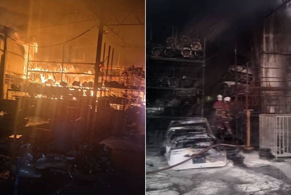 Keadaan kebakaran kilang di Bandar Teknologi Kajang, di sini, pada Khamis. Gambar kanan: Anggota Bomba dan Penyelamat sedang memadamkan kebakaran kilang di Bandar Teknologi Kajang pada Khamis.