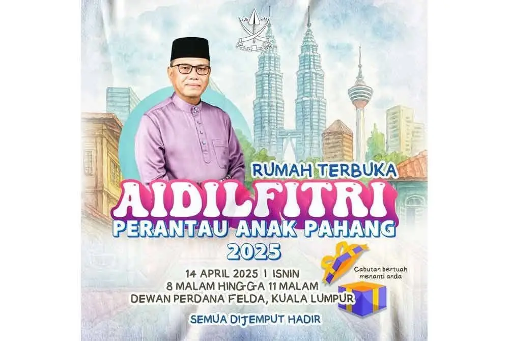 Anak Pahang di perantauan dijemput hadir Rumah Terbuka Aidilfitri di Dewan Perdana Felda, Kuala Lumpur, 14 April ini.