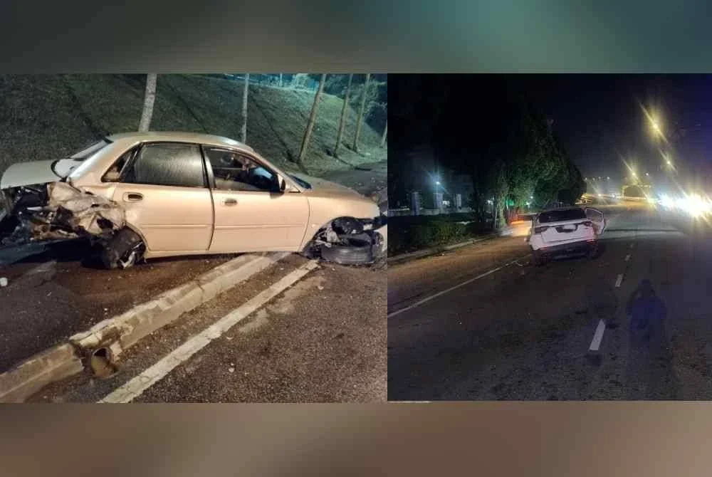 Keadaan kenderaan selepas terlibat kemalangan di Kilometer 19, Jalan Johor Bahru hala Kota Tinggi, awal pagi Khamis.