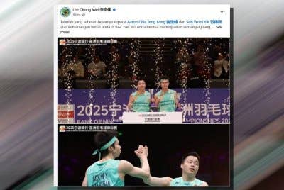 Tangkap layar ucapan tahniah Lee Chong Wei terhadap kejayaan gandingan beregu lelaki negara, Aaron Chia dan Soh Wooi Yik yang merangkul gelaran juara Kejuaraan Badminton Asia (BAC) 2025 pada Ahad.