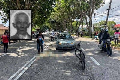 Mangsa maut di lokasi kejadian selepas dirempuh sebuah kereta Proton Pesona di Jalan Penghulu Jaabar, Bukit Katil pada Selasa. Gambar kecil: Abu Osman