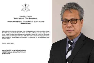 Kenyataan akhbar mengenai bendera Pahang akan dikibarkan separuh tiang pada esok.