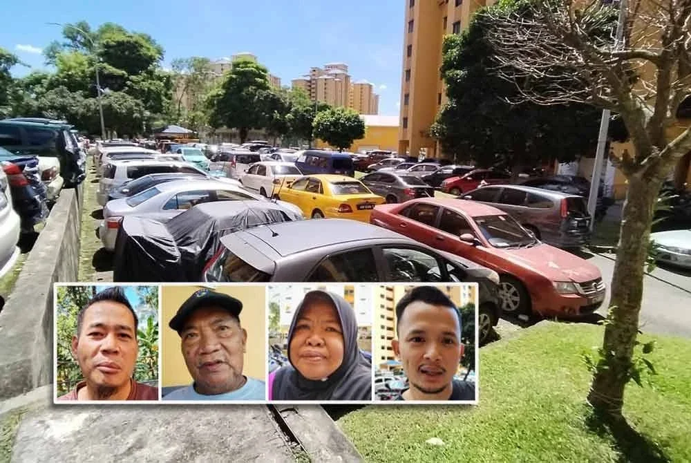 Keadaan parkir berlapis menjadikan laluan agak sempit. Gambar kecil dari kiri: Mohd Nazri, Marwan, Siti Norma, Amijul Azra.
