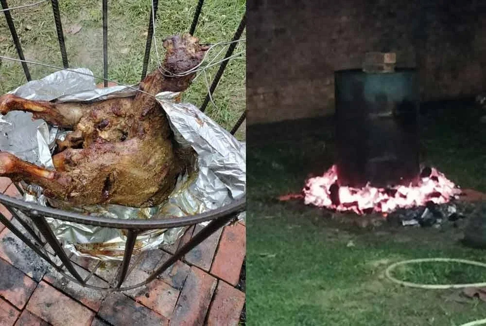 Kambing diikat dan diletakkan di tempat khas sebelum dikukus dalam tong drum.