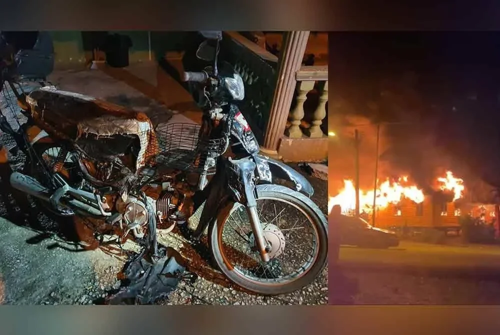 Keadaan salah sebuah motosikal yang terkesan akibat kebakaran tersebut. - Foto BBP Pontian Baru