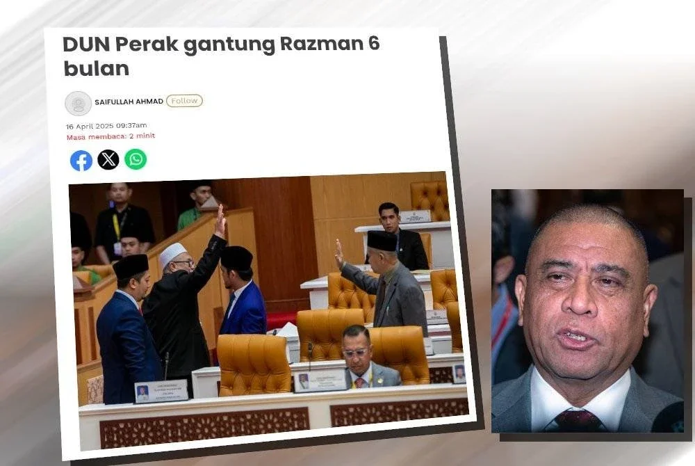 Laporan Sinar Harian mengenai DUN Perak meluluskan usul untuk menggantung Razman daripada menghadiri persidangan DUN selama selama enam bulan berkuat kuasa serta-merta. (Gambar kecil: Saarani)
