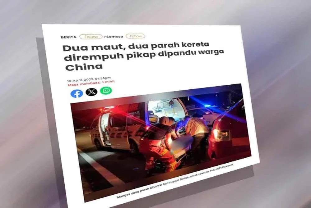 Laporan Sinar Harian berhubung kemalangan maut akibat dirempuh pikap dipandu warga China di Bintulu malam semalam.