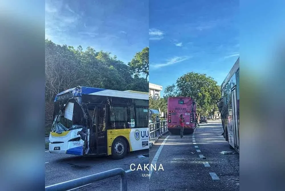 Gambar tular menunjukkan kemalangan membabitkan bas UUM dan sebuah lagi bas pada Sabtu.