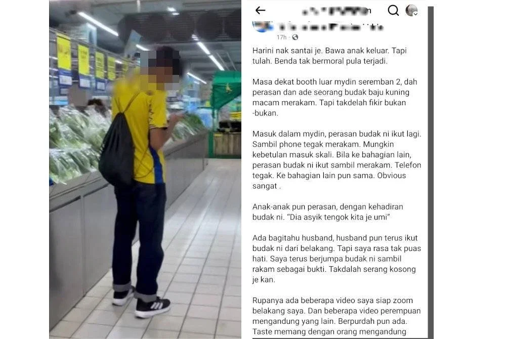 Individu yang didakwa merakam gambar wanita mengandung di sebuah pasar raya di Seremban 2. (Kanan: Perkongsian pengalaman mangsa di media sosial. )

