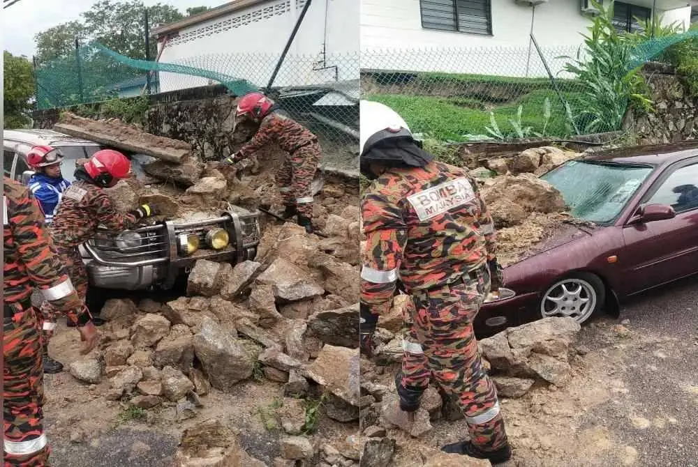 Dua kenderaan rosak akibat dihempap runtuhan tembok di sebuah sekolah antarabangsa di Taman Tun Dr Ismail pada Rabu.