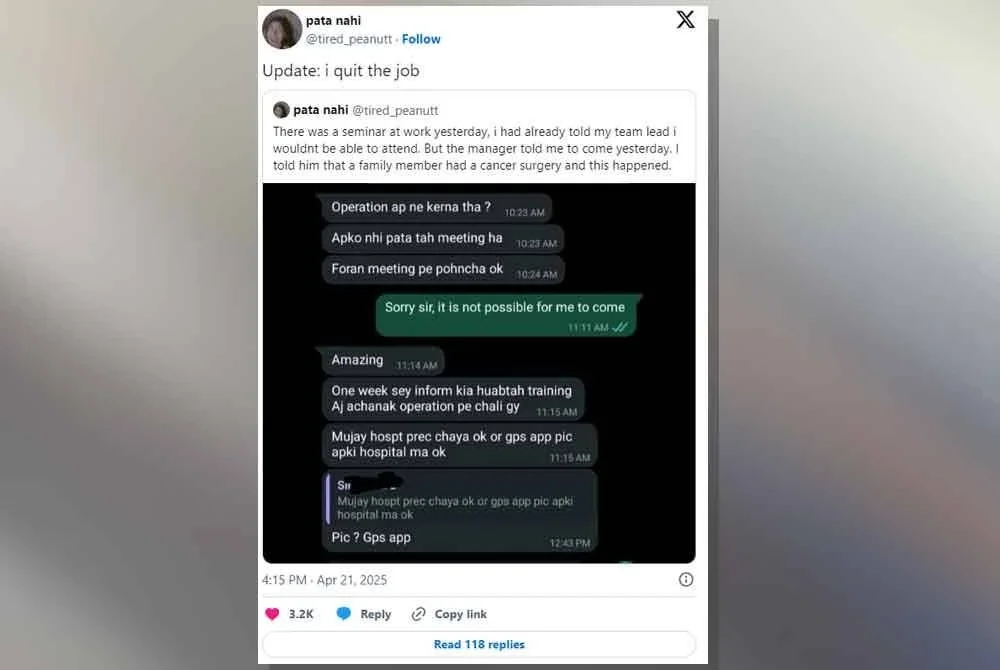 Tangkapan layar perbualan mereka yang akhirnya memaksa wanita itu berhenti kerja. - Foto Agensi