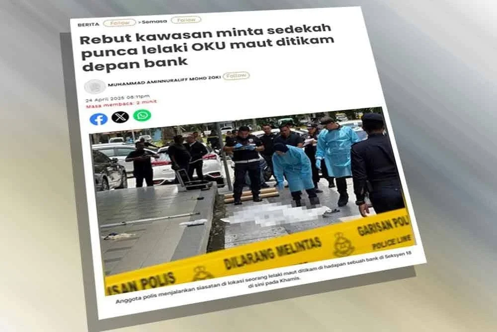 Laporan Sinar Harian berhubung kes bunuh di hadapan sebuah bank di Seksyen 18, Shah Alam pada Khamis.