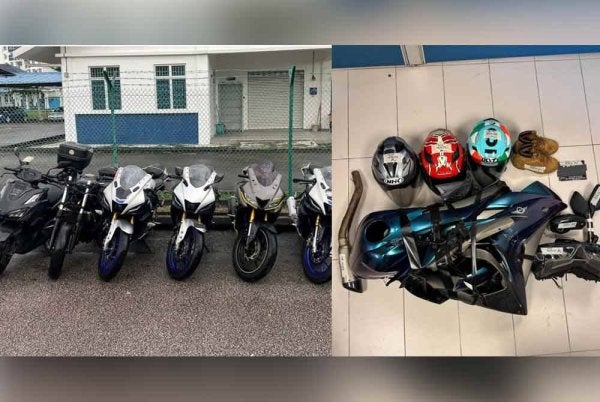Sebahagian motosikal dan peralatan yang dirampas dalam operasi berkenaan. Foto IPD Iskandar Puteri