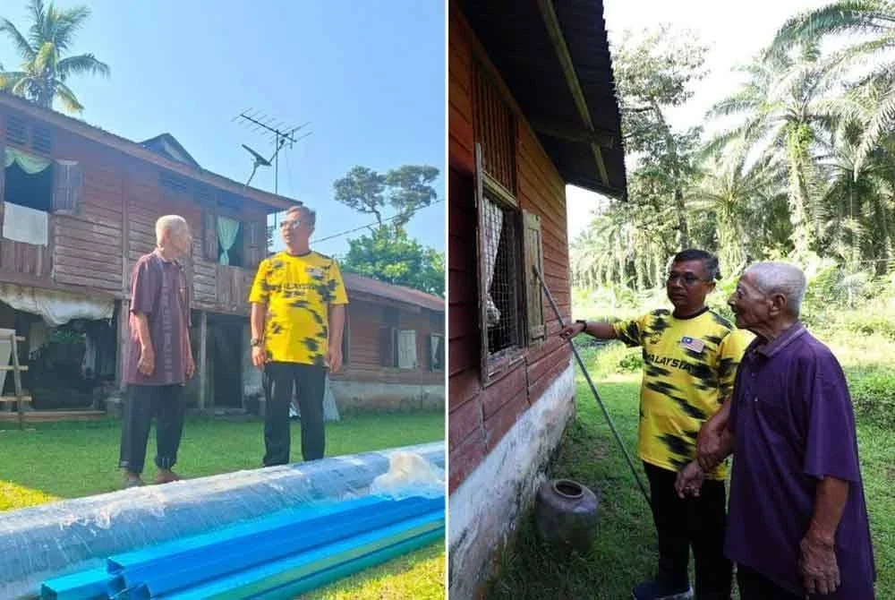 Kerja baik pulih kediaman Mohd Mansor akan dimulakan minggu depan. Gambar kanan: Mohamad Yusri ketika meninjau keadaan kediaman Mohd Mansor di Kampung Jawa Batu Masjid pada Ahad.