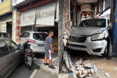 Kereta SUV terbabas di kaki lima kedai ubat. Foto ihsan polis