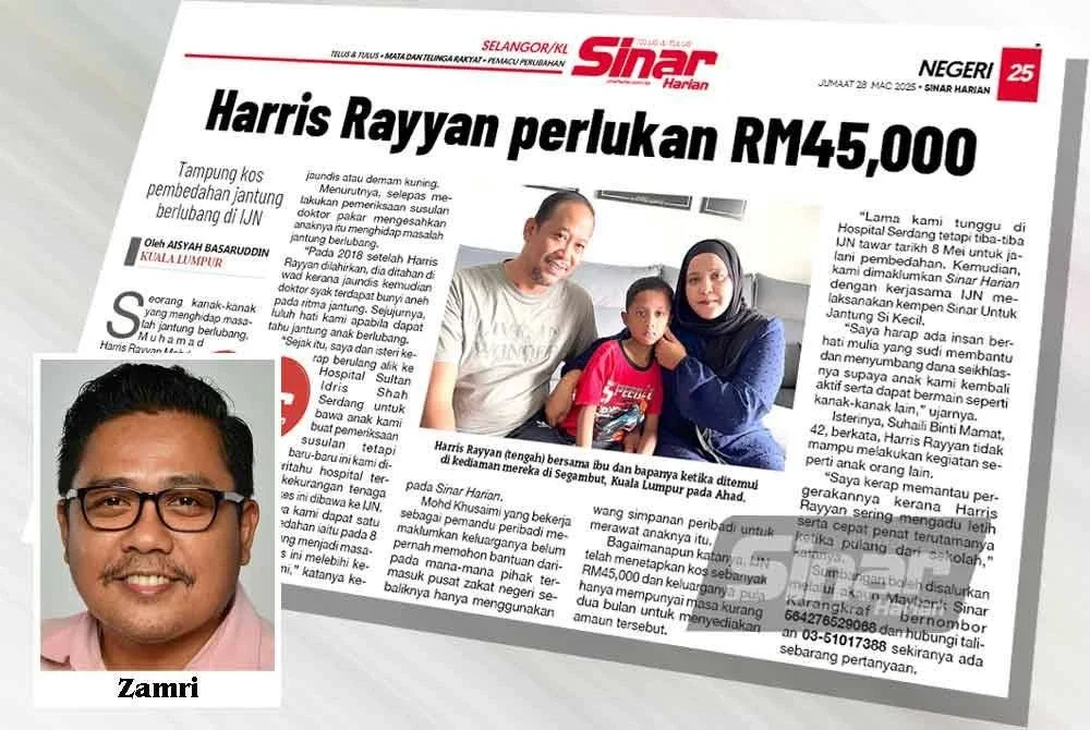 Laporan Sinar Harian 27 Mac lalu mengenai Harris Rayyan yang memerlukan kos pembedahan RM45,000 akibat jantung berlubang.