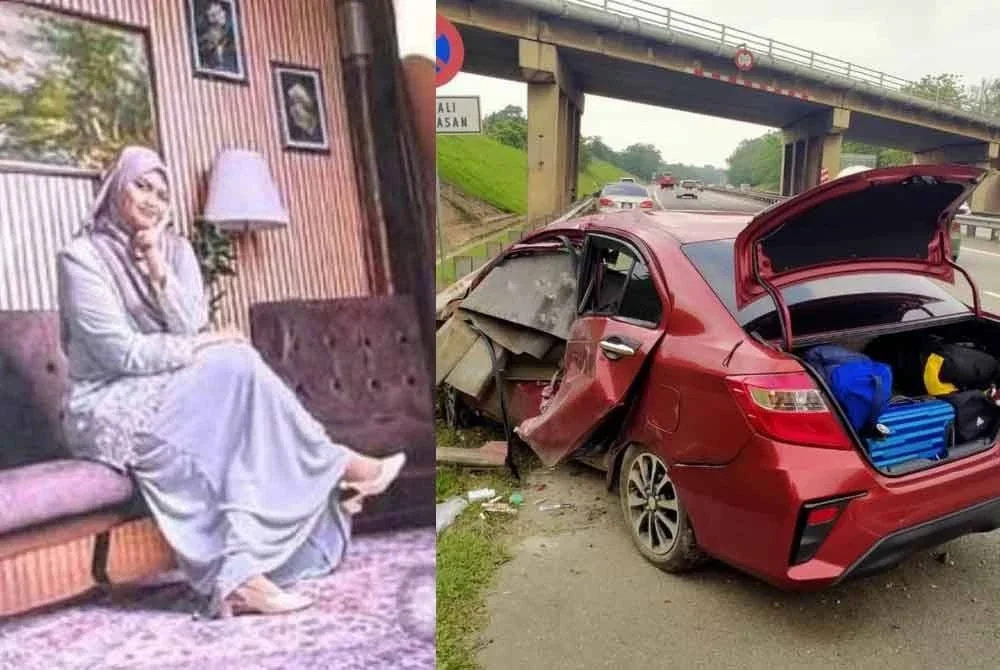 Bakal pengantin, Siti Nur Syamira maut dalam kemalangan di Kilometer 93.3 Lebuhraya Utara-Selatan arah selatan, dekat Yong Peng pada pagi Khamis. Gambar kecil: Siti Nur Syamira