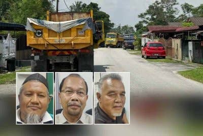 Kehadiran lori-lori besar di laluan sempit boleh mengundang bahaya kepada penduduk. Gambar kecil dari kiri: Badrul Hisham, Aminudin, Khairul Atar