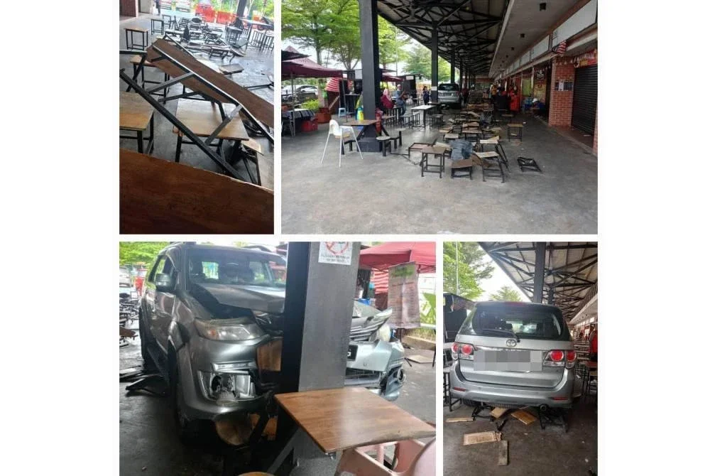 Akibat tertekan pedal minyak, sebuah kenderaan SUV dipandu seorang warga emas OKU fizikal merempuh gerai di Laman Selera MPAJ pada Rabu. Foto PDRM