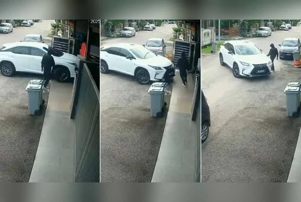 Rakaman CCTV yang memaparkan kejadian kereta mangsa dilarikan pencuri pada Jumaat lalu.