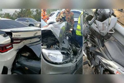 Keadaan kereta yang rosak dalam kemalangan melibatkan 12 kereta dan dua motosikal di Lebuhraya BKE arah Butterworth selepas sebuah kereta membrek mengejut akibat kesesakan.