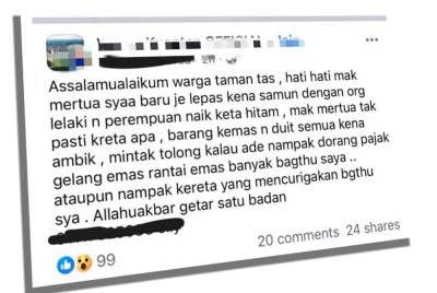 Tangkap layar hantaran berhubung kejadian yang dimuat naik seorang pengguna Facebook dipercayai ahli keluarga wanita berkenaan.