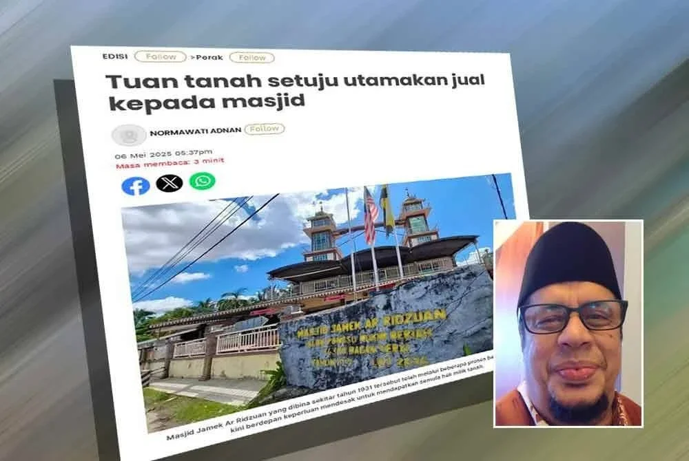 Laporan Sinar Harian berkaitan Masjid Ar-Ridzuan yang memerlukan dana RM1.8 juta. Gambar kecil: Harith Fadzilah