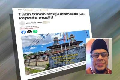 Laporan Sinar Harian berkaitan Masjid Ar-Ridzuan yang memerlukan dana RM1.8 juta. Gambar kecil: Harith Fadzilah