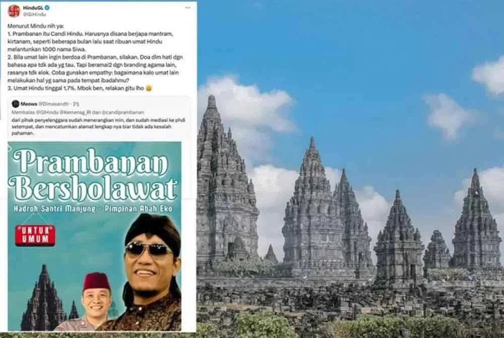 Poster promosi acara yang memaparkan imej Candi Prambanan bersama wajah Gus Miftah, yang mencetuskan kemarahan ramai. -Agensi