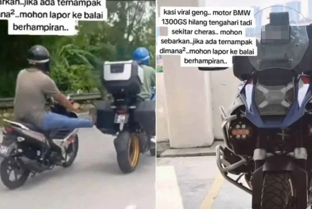 Polis memburu dua lelaki yang terbabit dalam kejadian kecurian sebuah motosikal berkuasa tinggi, BMW R1300GS di Taming Sari, Cheras, Kajang pada Khamis lalu.
