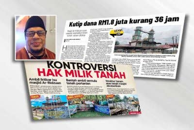 Laporan Sinar Harian mengenai Masjid Jamek Ar-Ridzuan, Alor Pongsu, Bagan Serai. Gambar kecil: Harith Fadzilah