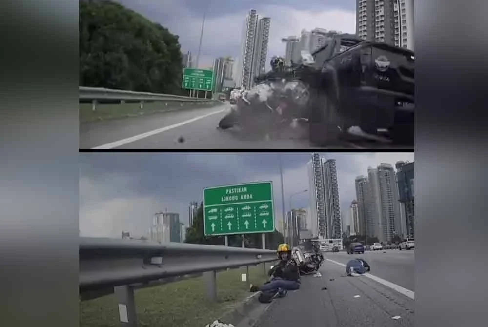 Video yang dipercayai dirakam menerusi kamera sebuah kenderaan memaparkan kenderaan pacuan empat roda dipercayai jenis Navara berwarna hitam bertindak melanggar motosikal yang dinaiki dua individu.