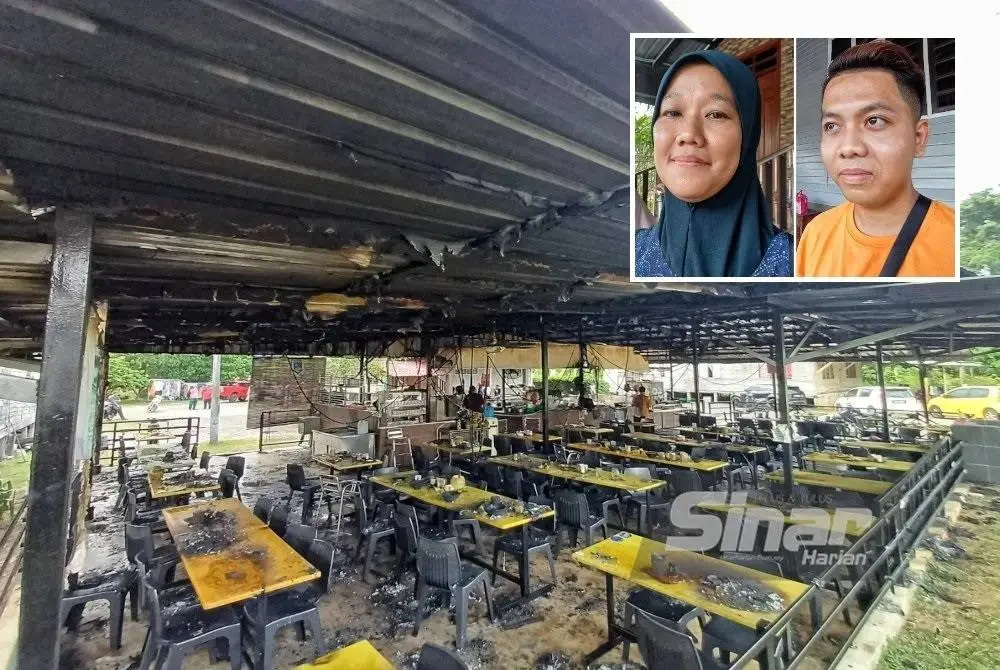 Keadaan premis Jeo Warung Mee Calong, Beserah selepas terbakar pada petang Isnin. Foto Sinar Harian (Gambar kecil: Asiah, Muhammad Haikal Hakimi)