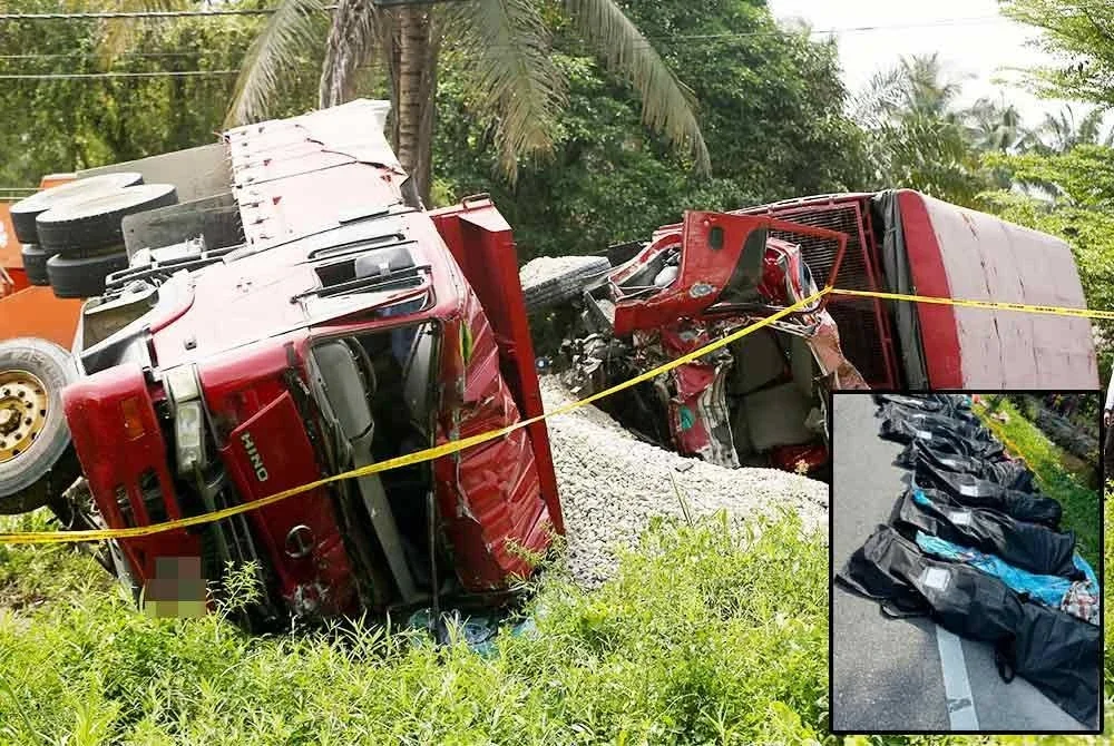 Keadaan lori Unit Simpanan Persekutuan (FRU) dan lori yang terbabit kemalangan di Jalan Chikus-Sungai Lampam pada Selasa. Gambar kecil: Anggota FRU yang maut dalam kejadian itu. Foto Bernama