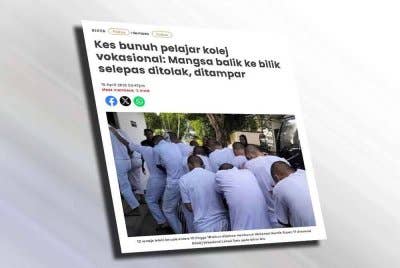 Laporan Sinar Harian berkaitan kes bunuh pelajar kolej vokasional.