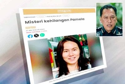 Laporan Sinar Harian mengenai misteri kehilangan Pamela. Gambar kecil:Rusdi