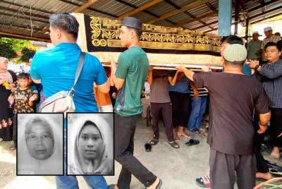 Orang ramai mengususng jenazah Syasya Nadiah untuk disemadikan Tanah Perkuburan Bunut Payong, Kota Bharu pada Khamis. Gamar kecil: Wan Rohani (kiri) dan Syasha Nadiah